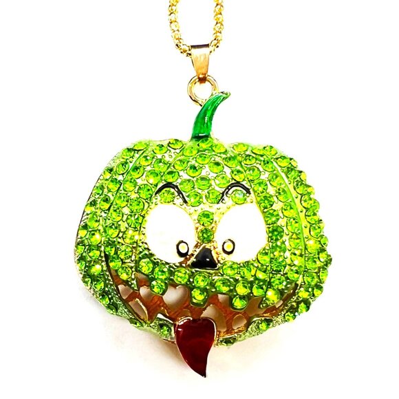 Green PUMPKIN Rhinestone Pendant Necklace - Picture 1 of 1
